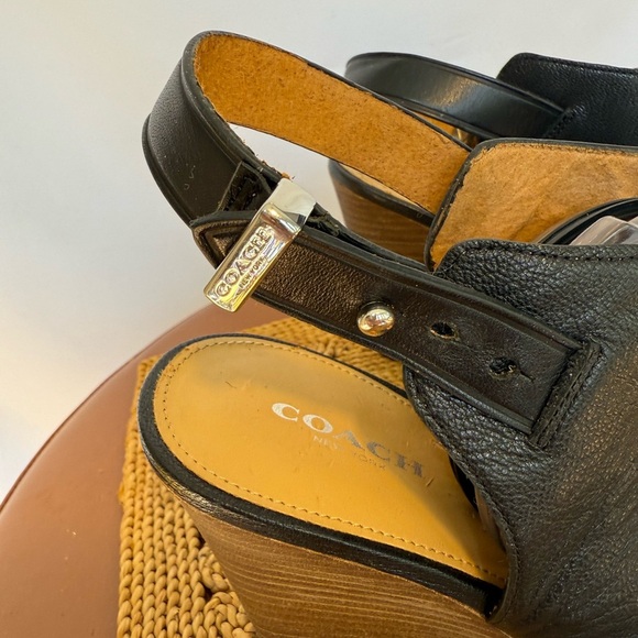 Coach Black Leather Peep Toe Slingback Wedge Sandals Size 8.5 - Picture 2 of 9